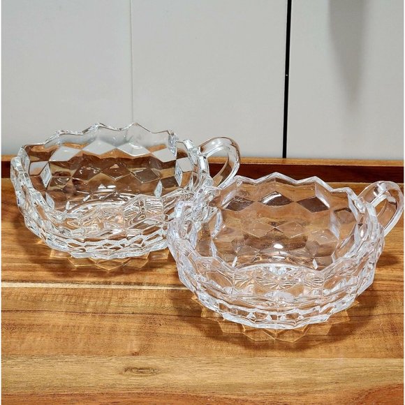2 Fostoria American Cubist Glass Bowl 4.5" Round Dish + Square Nappy handled 80s - Picture 2 of 11